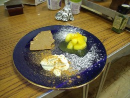 Ali's delicious apple pudding - caramelised apple with orange butter sauce, Creme fraiche and crisp almond biscuits